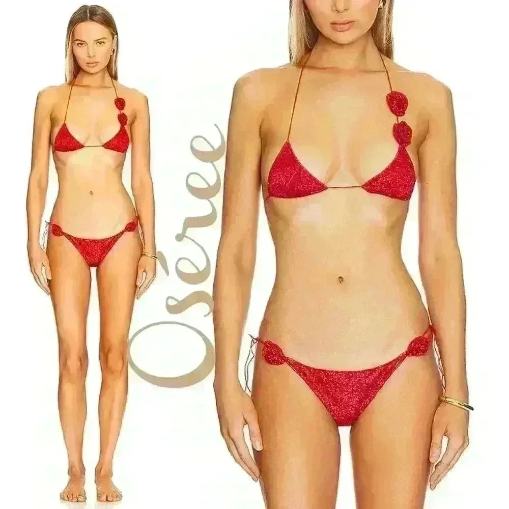 NWT Oseree Red Rose Lumière Triangle Bikini SET